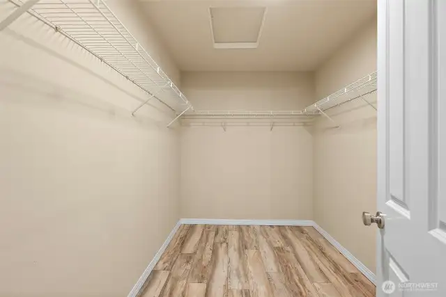 Large primary suite walk in closet.