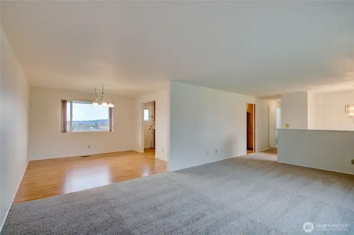 Large living room flows into dining and kitchen