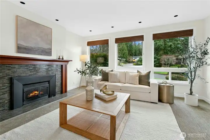 Wall of windows with custom window treatments