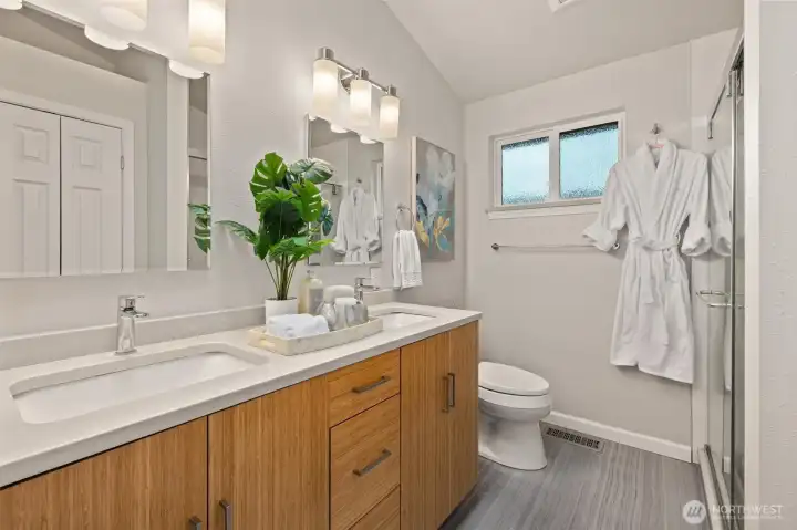 Dual vanities in primary bath.