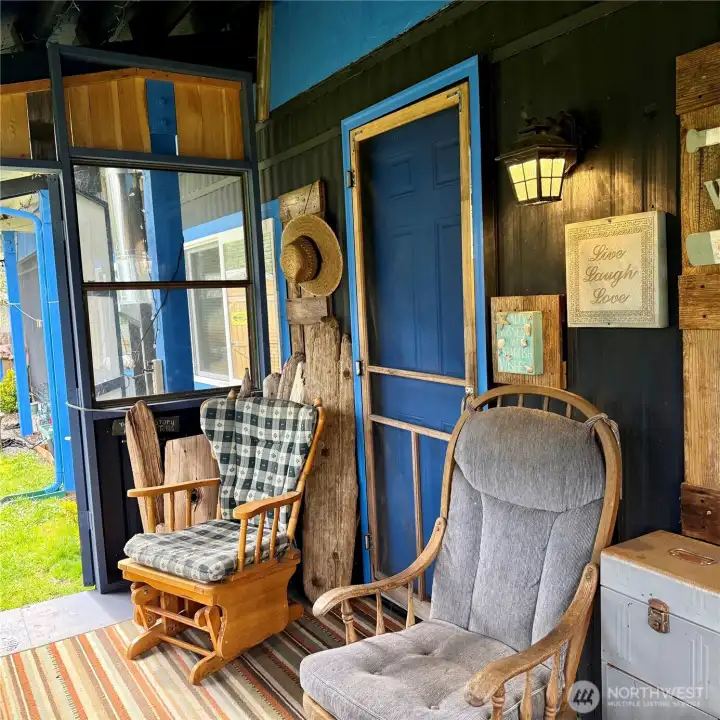 Covered porch with wood stove