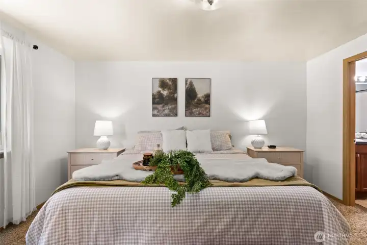 The primary bedroom is generously sized, plenty of room for a King sized bed and large nightstands. The primary bedroom is generously sized, plenty of room for a King sized bed and large nightstands.