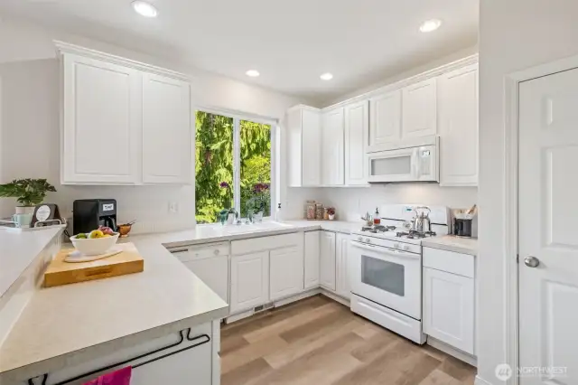Plenty of cabinets, counters, bright lights -- and a window that you will not mind washing dishes in front of!
