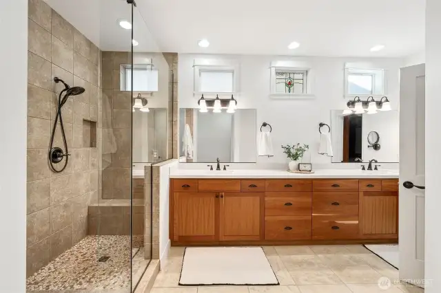 Primary bath with designer shower and loads of counterspace