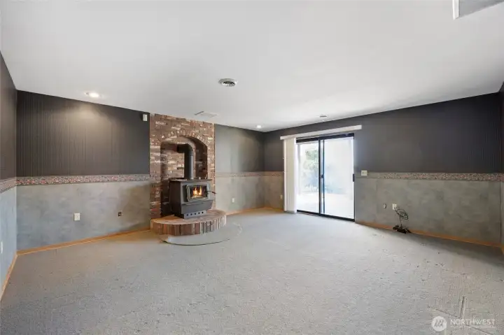Basement Family Room with wood stove