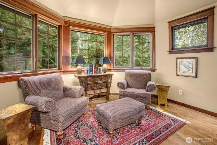 This was originally a Nursery directly off the Primary Suite and LR, later used as a Home Library. Stained Glass window is from a now demolished Hotel in downtown Portland, OR