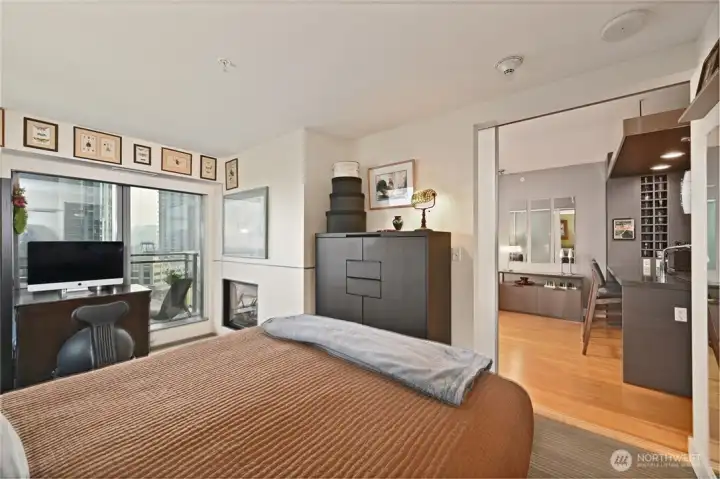 Bedroom has a view plus the gas fireplace