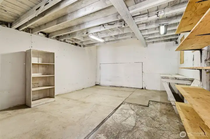 Interior of outbuilding with flexible storage or work area