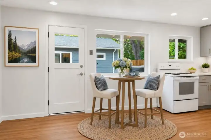 The kitchen has a small eating space and gas is available, if you prefer a gas stove top over electric.