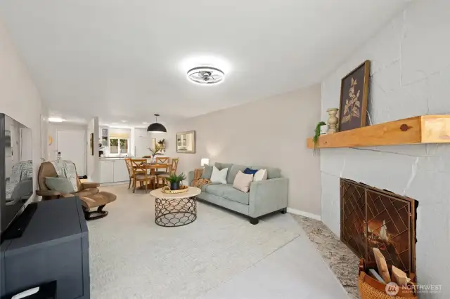 Ambience with a wood-burning fireplace.
