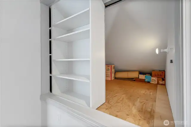 Unique Secret Sliding Shelf reveals storage area.