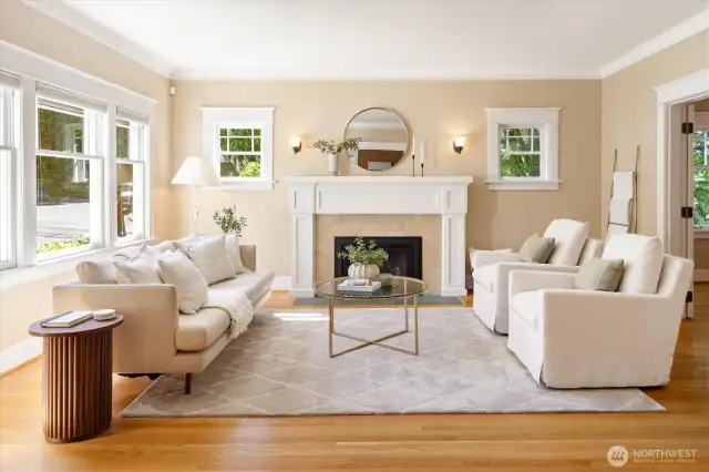 Living room with updated tile, mantel and gas fireplace