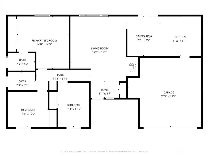 Floorplan. Front door faces east, back patio is west, garage far is north