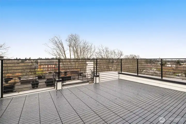Massive private rooftop deck with durable composite decking and modern railing—an ideal space for large-scale outdoor entertaining.