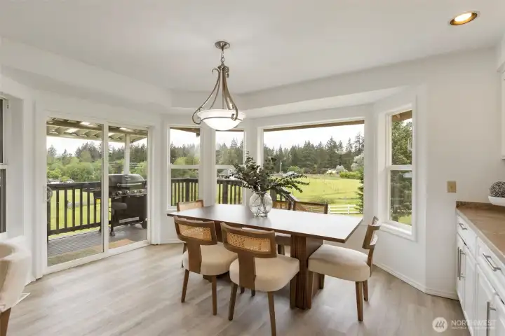 Elegant dining area surrounded by expansive windows, filling the space with natural light and framing gorgeous acreage views, creating a bright, refined setting for everyday meals and elevated entertaining.