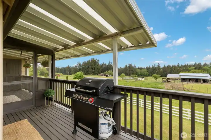 Covered deck with sweeping acreage and equestrian views, perfect for outdoor dining, grilling, and relaxed luxury living surrounded by peaceful Pacific Northwest scenery.
