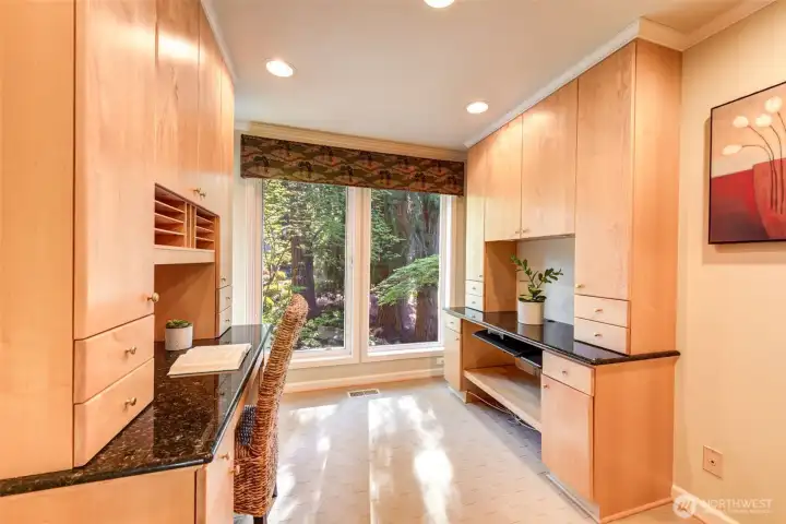 A dedicated work-from-home retreat with custom built-ins, granite desk space, and calming views of the surrounding evergreens just beyond the window.