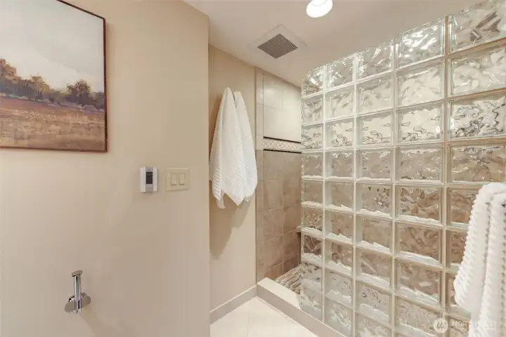 Glass block walk-in shower adds texture, privacy, and an architectural touch to the lower-level bath.