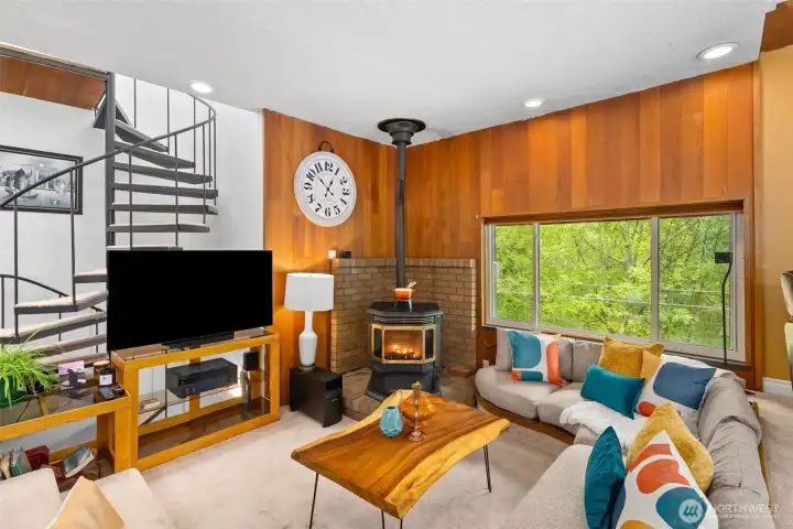 Original conversation pit is the perfect spot for entertaining, cuddling, or fondue.
