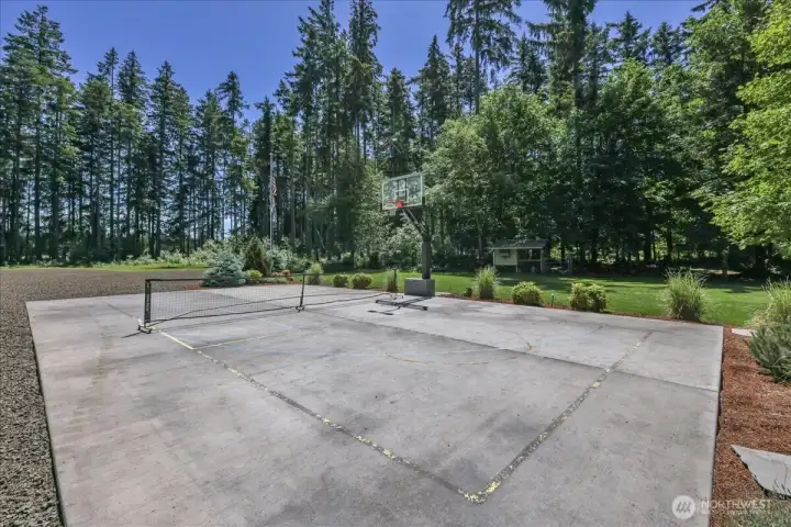 Why choose basketball or pickleball?  You can play both on this sport court!