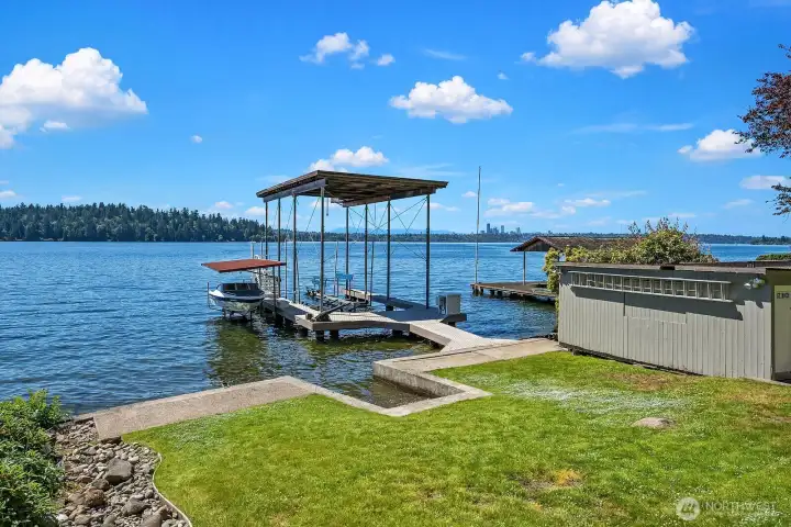 53' feet of waterfront and a large covered recently rebuilt dock with two boatlifts.
