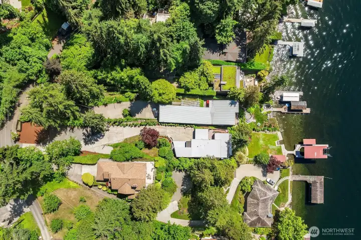 Birds eye view of the street to water property.