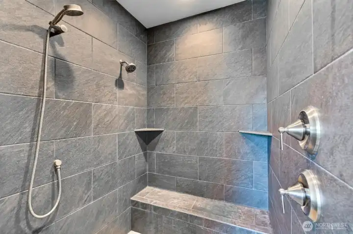 Walk in tile shower in primary