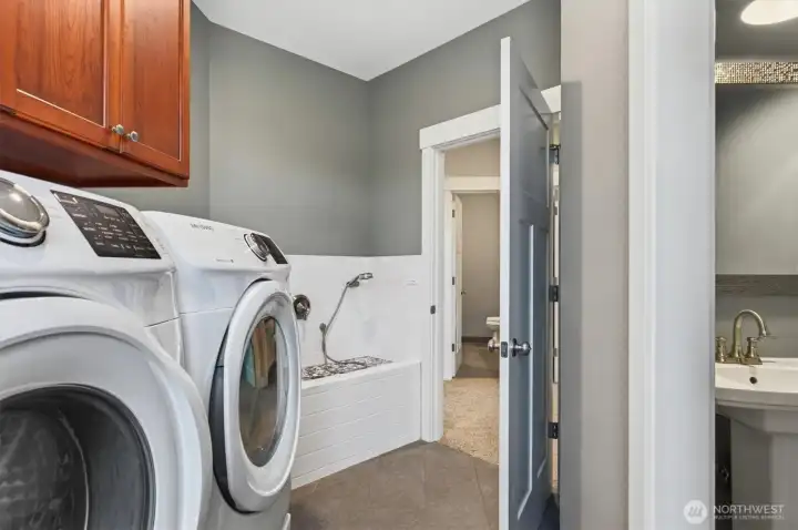 Laundry room with half bath, door to the patio and dog washing station