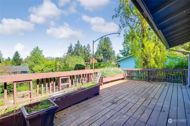 Deck overlooks backyard