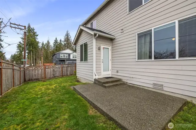 Fully fenced backyard with Patio