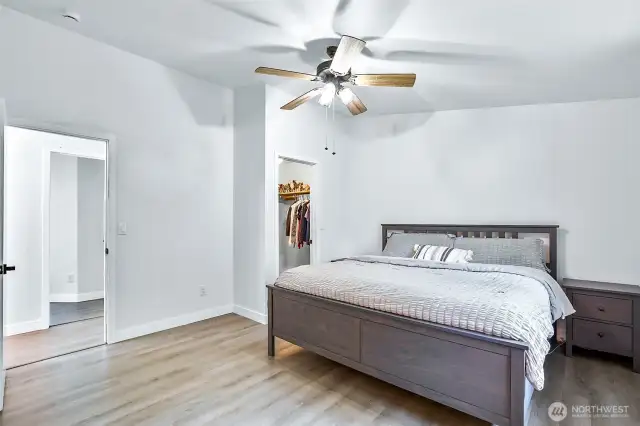 Spacious primary bedroom with ceiling fan, walk-in closet, and durable laminate flooring.