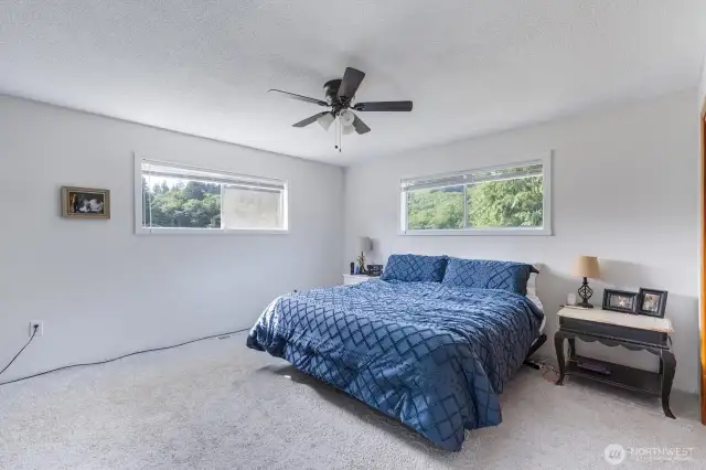 vinyl windows, heat pump, and ceiling fans.