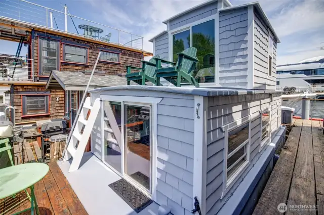 The bedroom is on the top level.