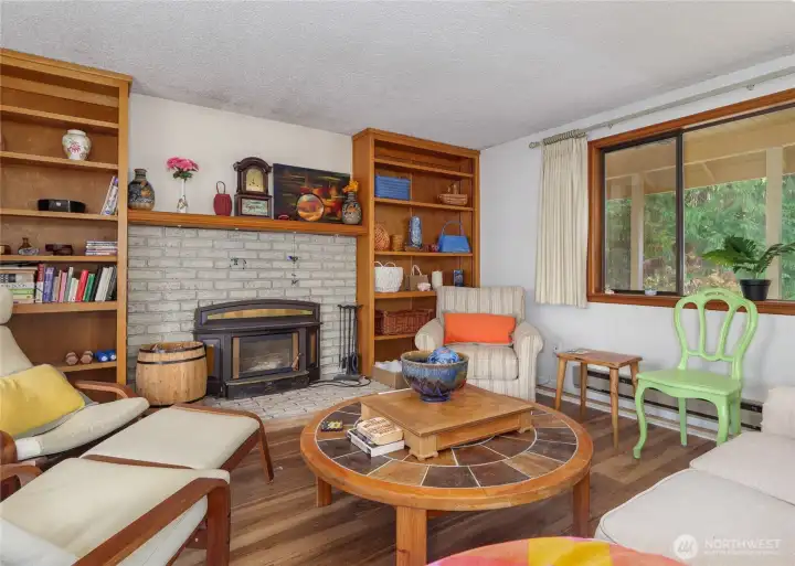 family room with bookshelves