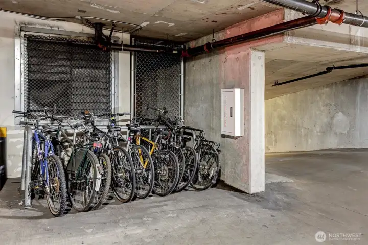 Community bike storage in the secure parking garage