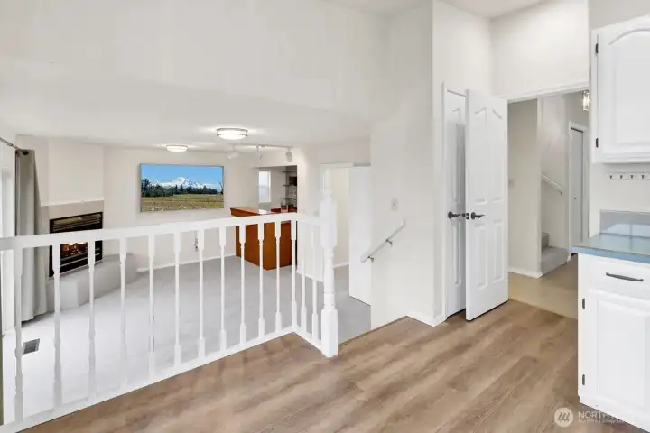 View from kitchen to the step down family room.