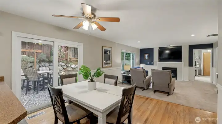 The generous kitchen nook provides a casual area for eating, working, or family game night