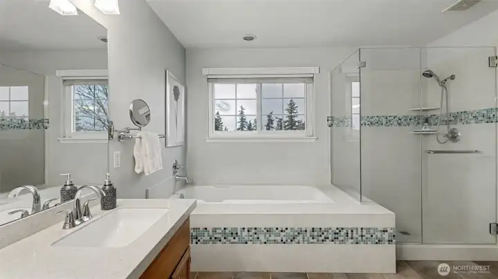 Primary bath with engineered quartz finishes, tile flooring, skylight, and a large glass-walled shower