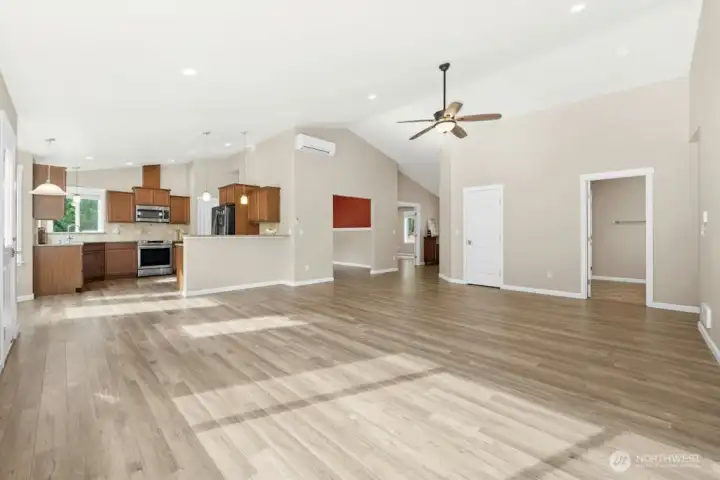 View from living area to kitchen and dining room
