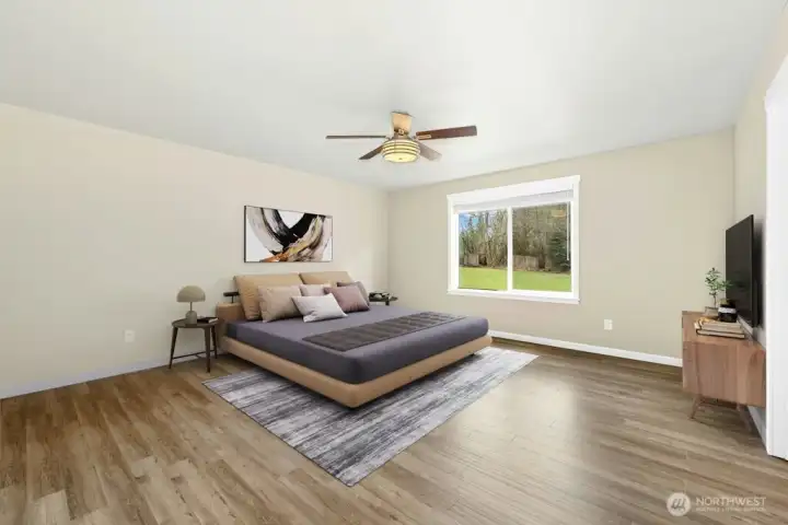 Primary 5pc suite with ceiling fan. Virtual staged