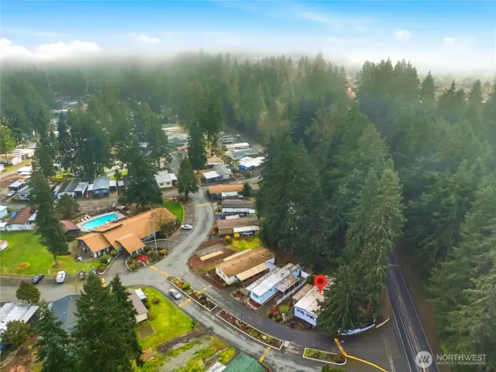 Aerial view of the surrounding community