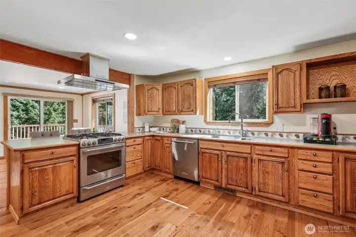 Kitchen View with stainless steel appliances and upgraded lighting