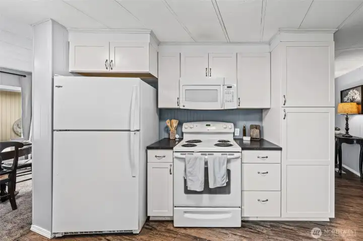 Matching white appliances, all kitchen appliances stays with the home.
