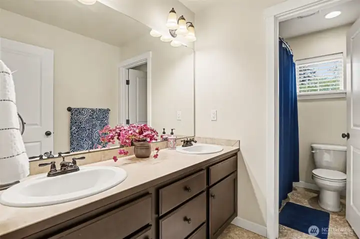 Upstairs hall bathroom with a dual vanity.