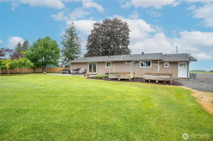 Backyard with raised garden beds, spacious patio and new fence