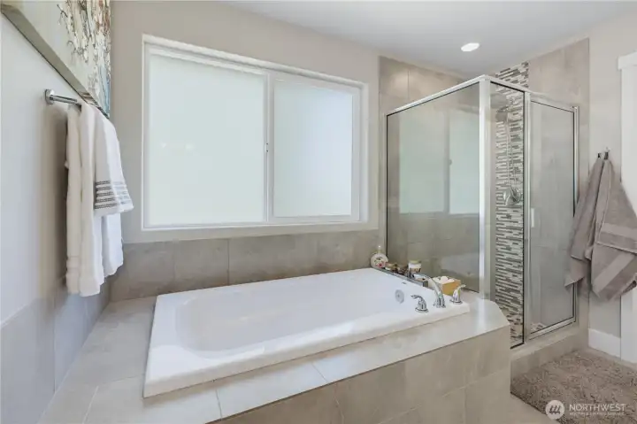 Relaxing bathtub and shower with tile surround. Relaxing bathtub and shower with tile surround.