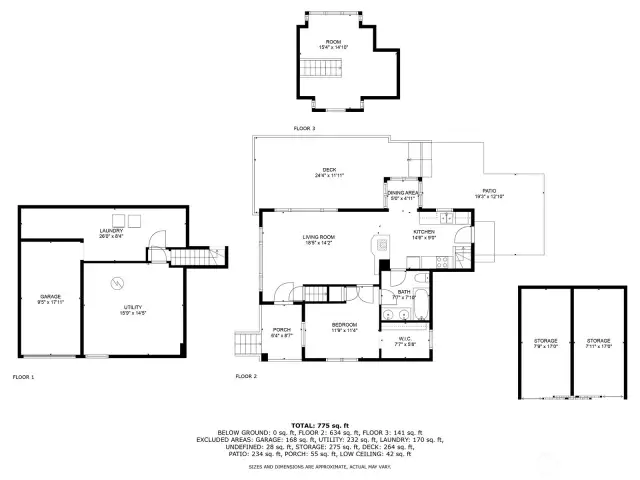 The layout includes comfortable main level with second story room, unfinished basement and garage
