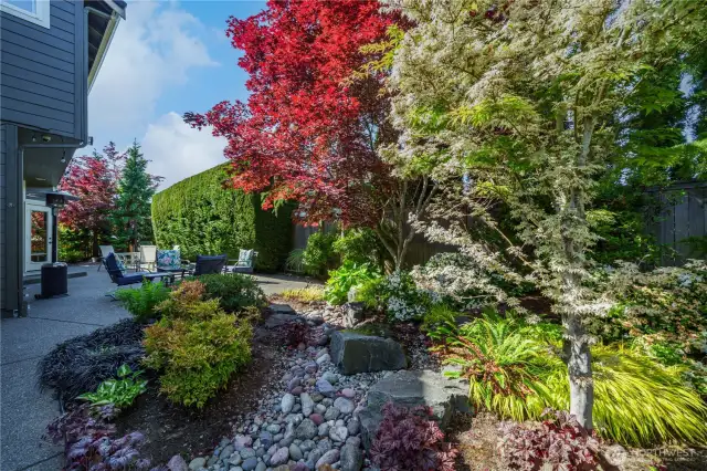 The backyard is filled with lush foliage and exquisite Northwest plantings that offer a true sense of peace and privacy. A quiet water feature enhances the serene setting and invites relaxation.