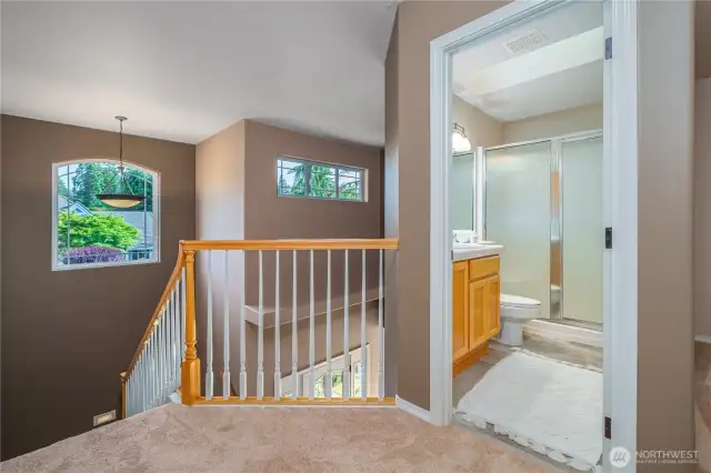 From the upstairs landing, you can look down over the entryway and see how natural light pours through the strategically placed windows. You can also see the three-quarter hall bath.