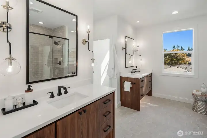 Designer primary suite with five-piece bath & heated floors
